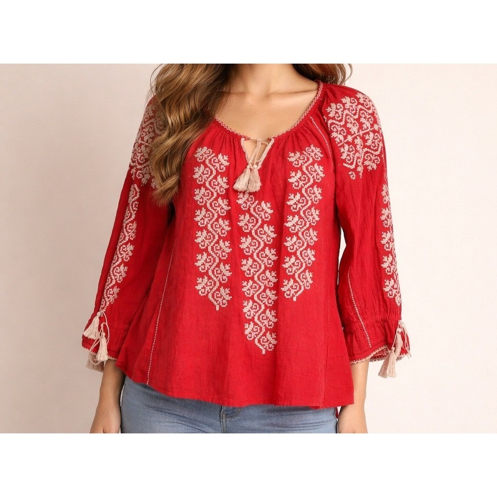 Ulla Johnson Red Embroidered Peasant Blouse Tassel Split Neck *SZ 2 Artisan Folk